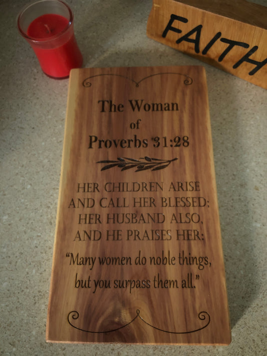 Woman of Proverbs scripture on Cedar wall hanging