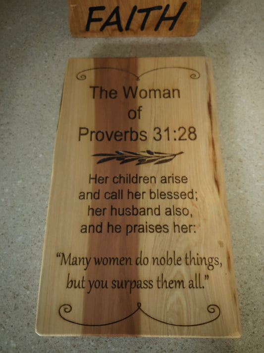 The Woman of Proverbs Biblical scripture on Cedar wall hanging