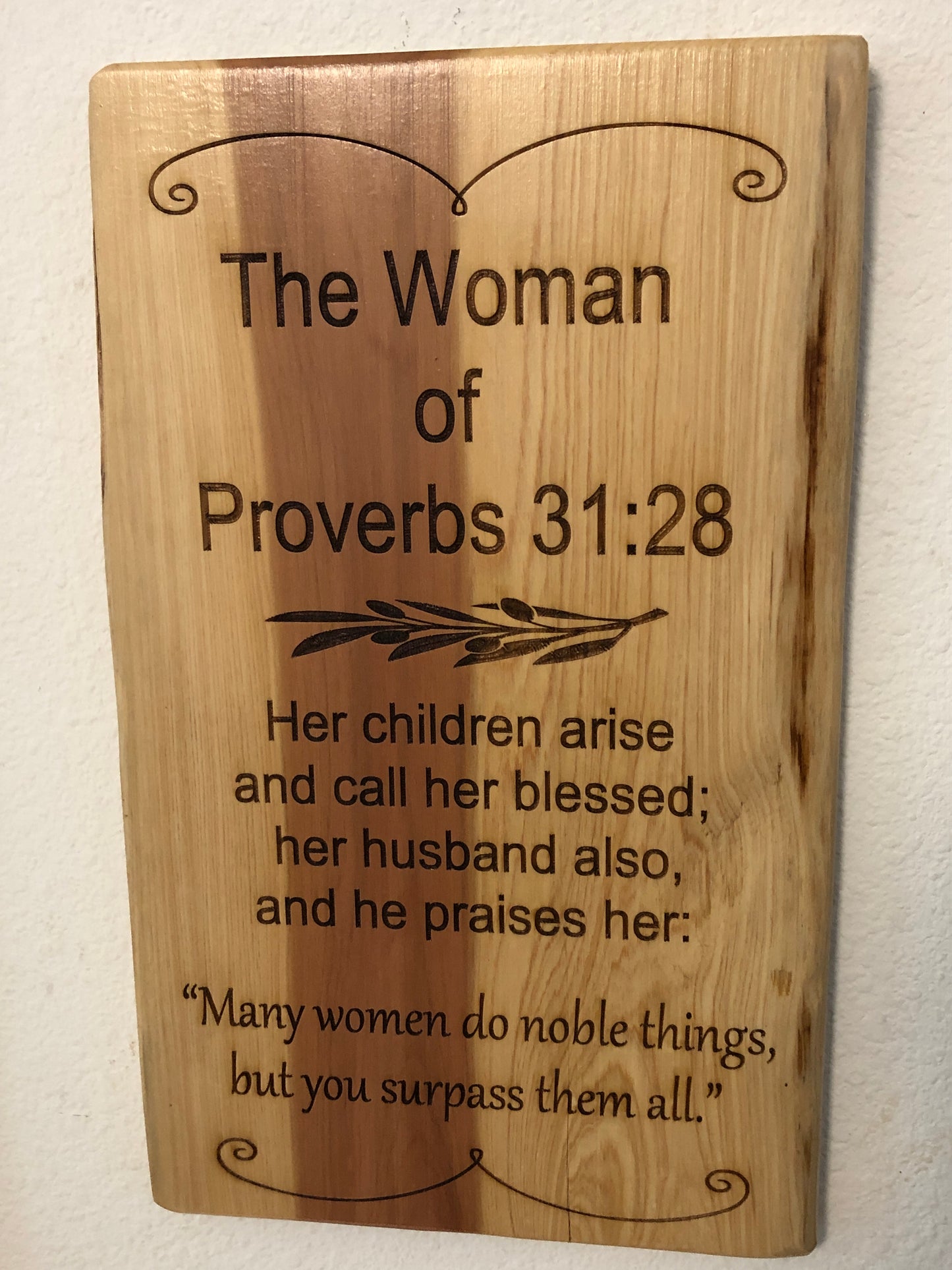 The Woman of Proverbs Biblical scripture on Cedar wall hanging