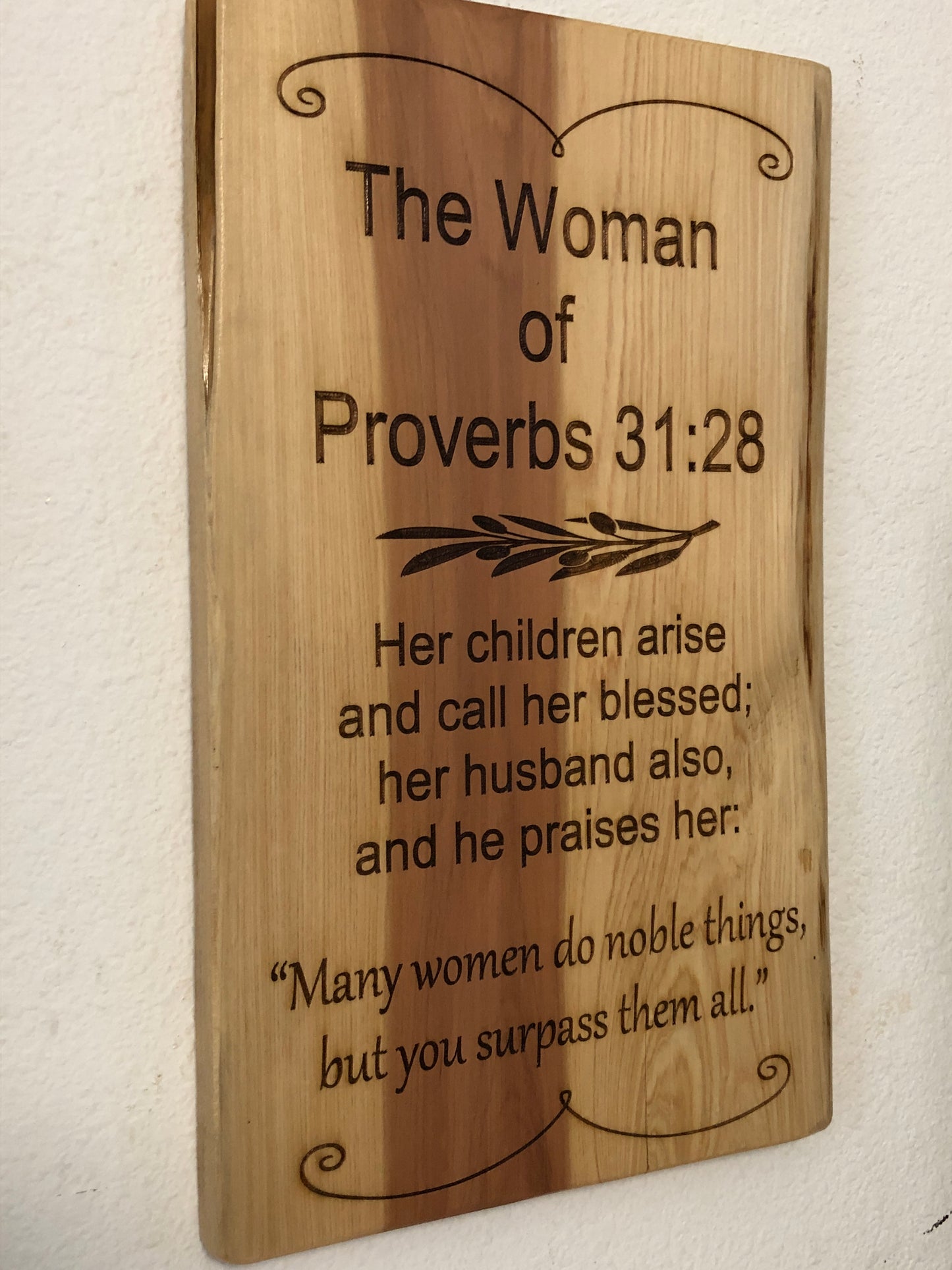 The Woman of Proverbs Biblical scripture on Cedar wall hanging